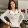 Women's Sweet Contrast Color Spring and Autumn Slimming Bow Ballet Style T-shirt
