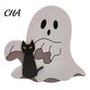 Decorative Wood Crafts Cute Ghost Halloween Wooden Sign, Farmhouse Small Black Cat Witch Hat Desktop Showcase Display Signs, Standing Tabletop
