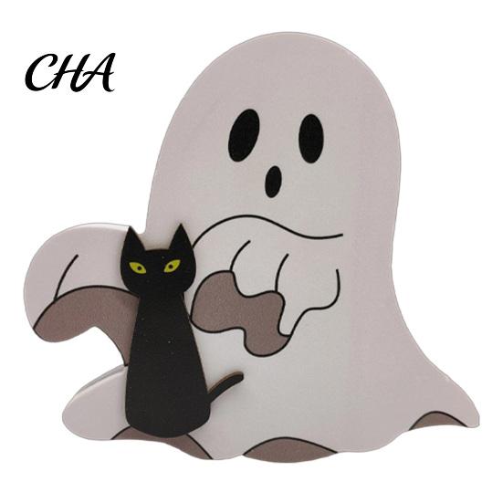 Decorative Wood Crafts Cute Ghost Halloween Wooden Sign, Farmhouse Small Black Cat Witch Hat Desktop Showcase Display Signs, Standing Tabletop