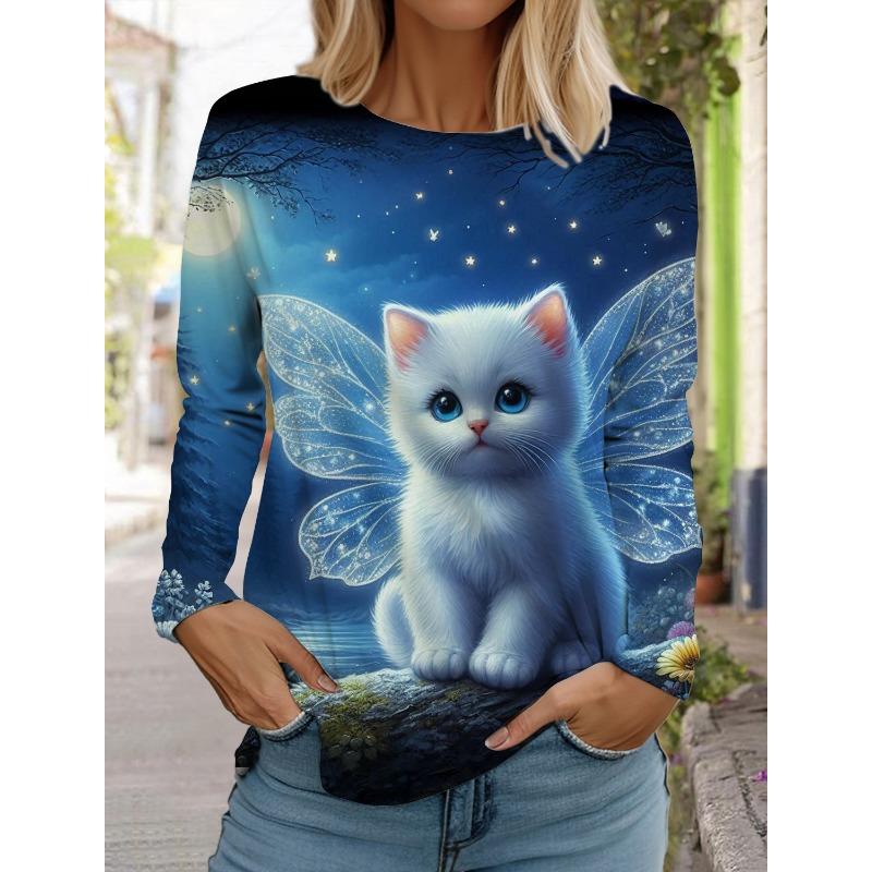 Autumn and Winter Women's Long Sleeve 3D Printed Kitten Cute Print T-Shirt Women's Streetwear Round Neck Long Sleeve