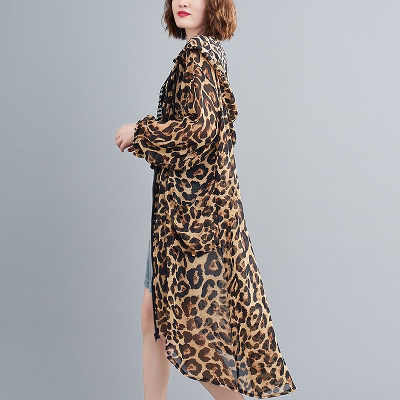 Dimanaf Большие размеры 2023, новая женская шифоновая блузка с леопардовым принтом, тонкие летние леопардовые пальто на молнии, длинная верхняя одежда оверсайз