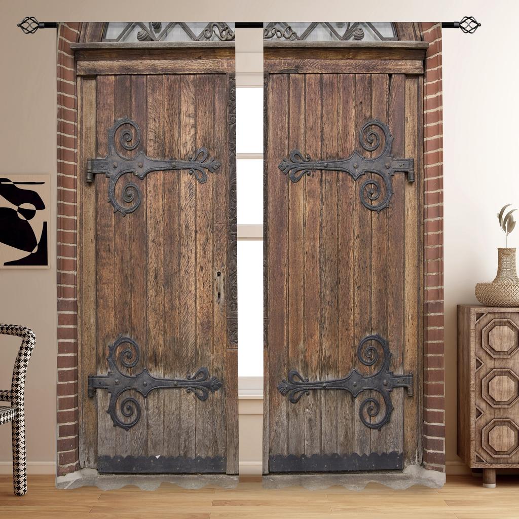 2 панели Замок Деревянная Дверь Печатный Полупрозрачные Шторы Для Гостиной Спальни Защита От Солнца Уединение Домашний Декор Карманный Карман