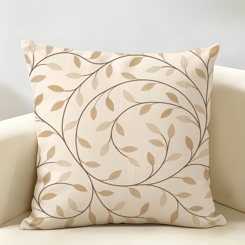 Minimalist Beige Vine Leaf Cushion Cover Durable Hypoallergenic Organic Linen Short Pillow Cover Washable