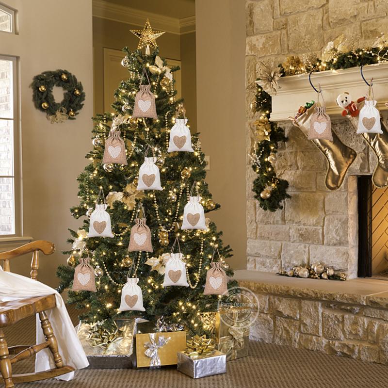 10Pcs Heart Burlap Jute Drawstring Bags Rustic Wedding Decoration Christmas Gift Packing Birthday Party Baby Shower Candy Pouch