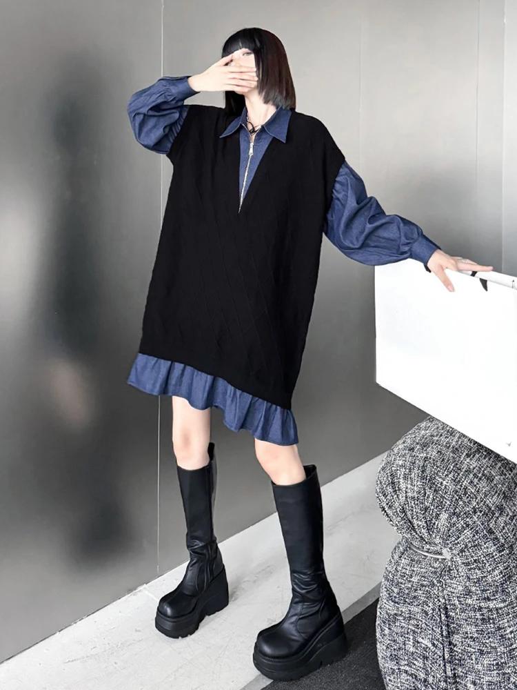 Xitao Knitting Patchwork Zipper Dress HQQ2417