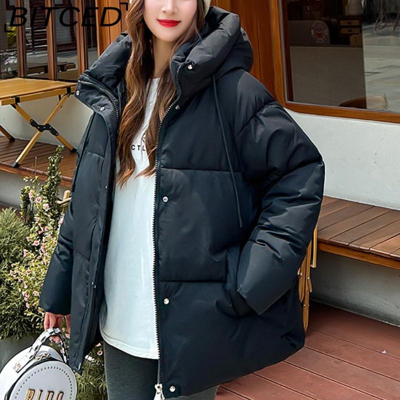 BITCED Plus Size Thickened Cotton Coat Women's Fall/Winter A-Line Loose Fit Puffer Jacket Warm Cotton-Lined Hooded Outerwear