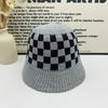 Chessboard knitted bucket hat women's spring and summer retro face small bucket hat breathable sunshade basin hat big head circumference