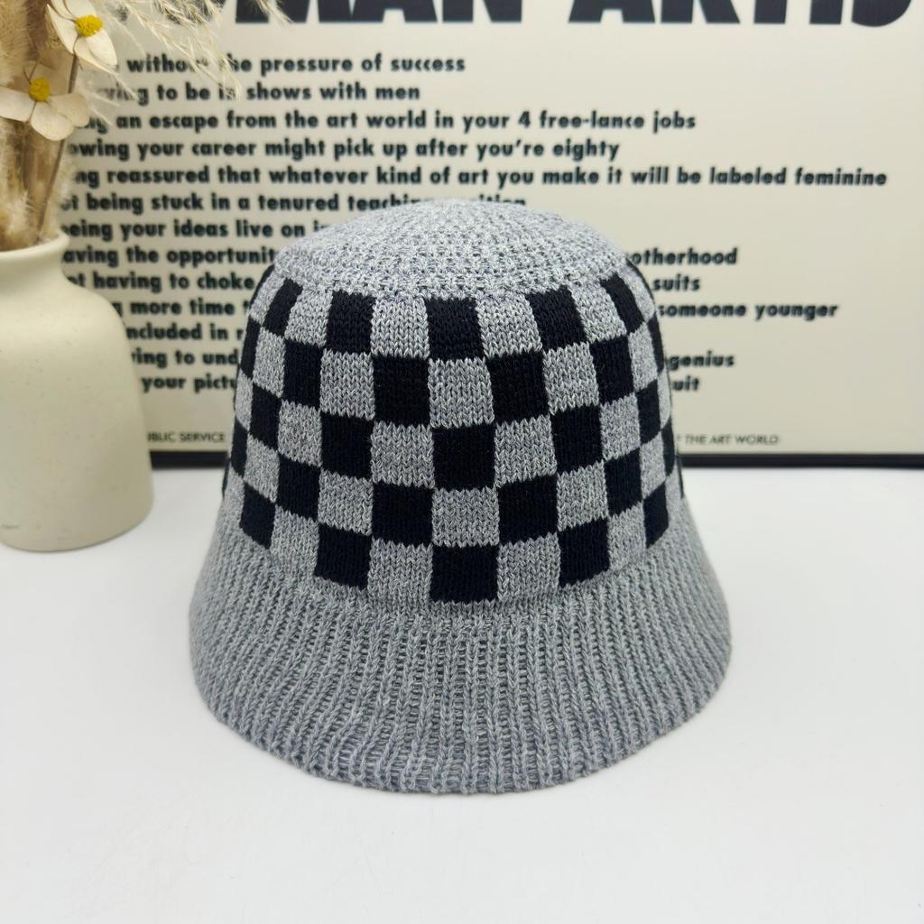 Chessboard knitted bucket hat women's spring and summer retro face small bucket hat breathable sunshade basin hat big head circumference