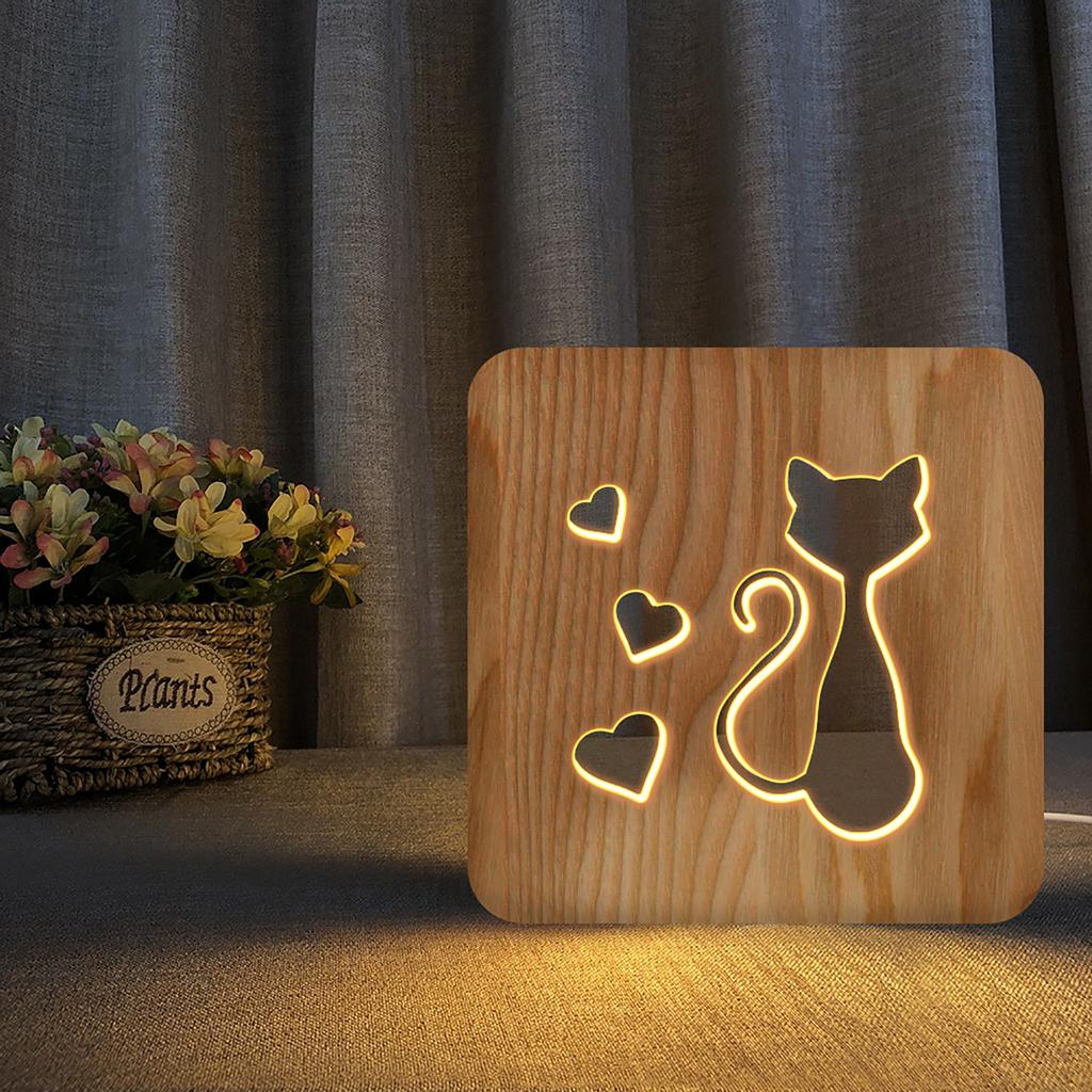 LED Wooden Night Lamps for Bedrooms Table Lamp With 3D Pet Cat Lampshade USB