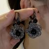 Retro black mesh zircon flower earrings, ear buckles, women's personality, high-end design earrings, fashion earrings.