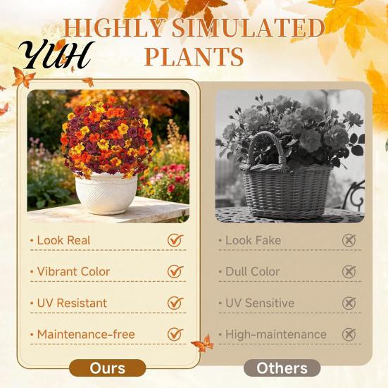 Reusable Plastic Flowers for DIY Crafts Artificial Fall Outdoors, Fake Autumn Topiary Ball, UV Resistant Faux Mums with Ground Home Styling