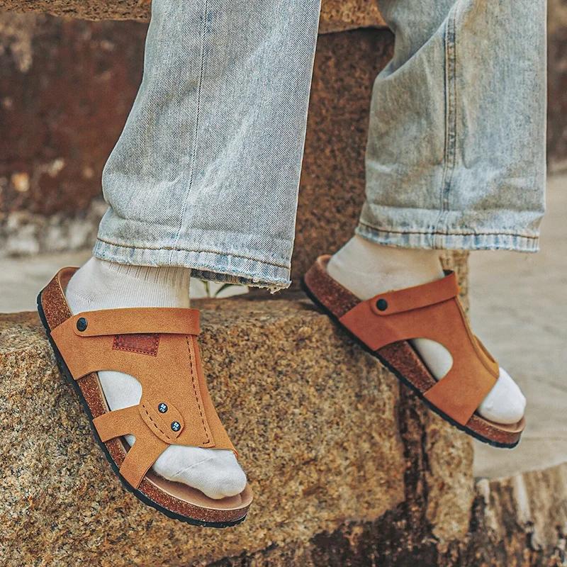 Мужские удобные повседневные сандалии для спальни, летние шлепанцы на плоской подошве, пробковые тапочки для мужчин, домашние шлепанцы с поддержкой свода стопы, zapatos