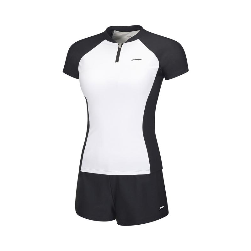 Li Ning Swimming Series Color Block Round Neck Pullover Short Sleeve Two-Piece Swimsuit Women Swimsuit White Black ASLT076-1