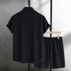 Men's Casual Waffle Shirt Two Piece Solid Short Sleeved Shirt Shorts Casual T Shirt Shorts Set