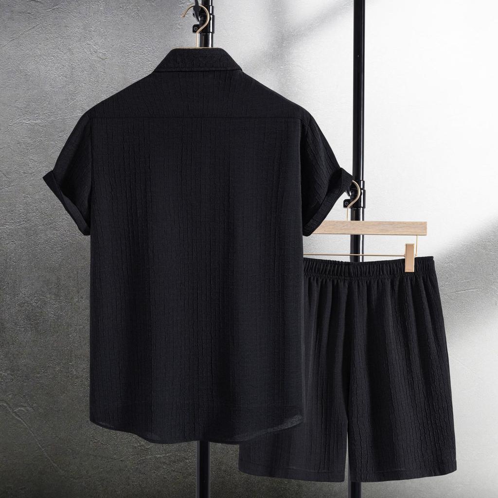 Men's Casual Waffle Shirt Two Piece Solid Short Sleeved Shirt Shorts Casual T Shirt Shorts Set