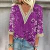 Женская рубашка, блузка, повседневные свободные рубашки, рукава 3/4, кружевные топы с v-образным вырезом и принтом, топы с принтом, футболки, футболки