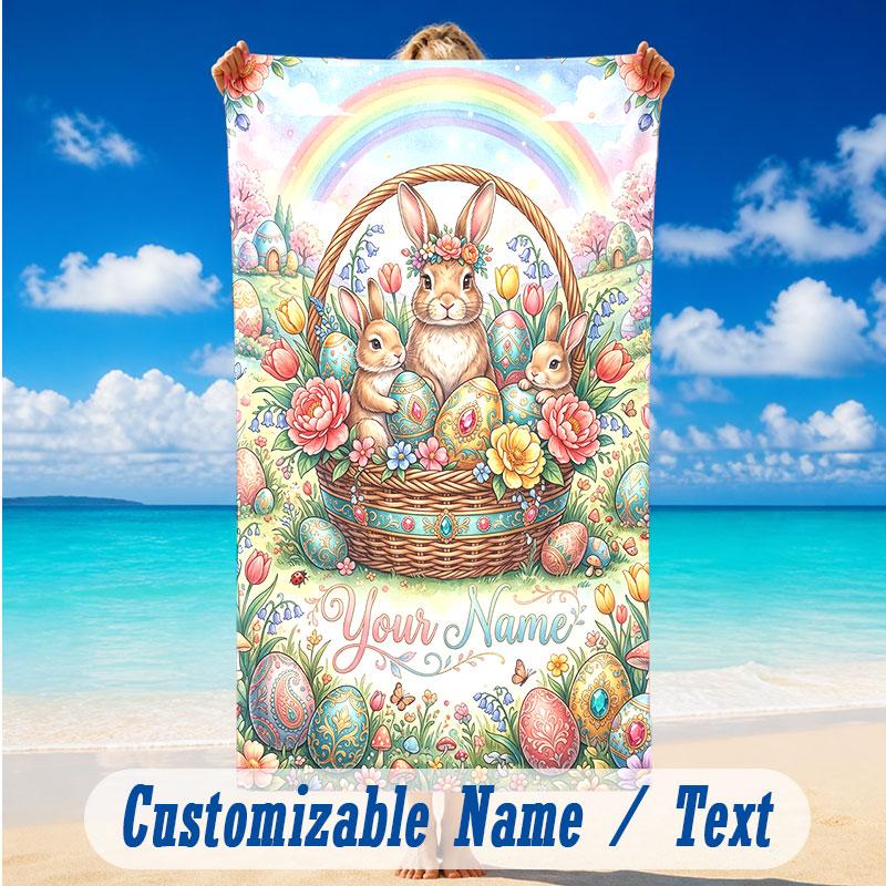 Easter Bunny Theme Beach Towel Personalized Custom Name & Text Soft Quick Dry Beach Towel for Swimming Travel
