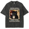 Black Lucky Cat Drinking Coffee Print Unisex T-Shirt Loose Plus Size Oversized Short Sleeve American Vintage Stree