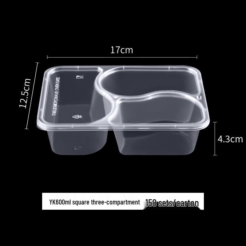 European & American Round Three-Compartment Disposable Lunch Box, Thickened Transparent Black Container for Takeaway Packaging