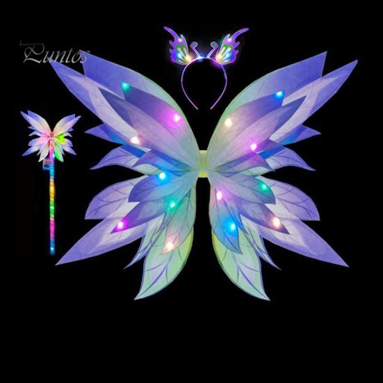 Wings Butterfly Led Glowing Fairy Costume Set For Girls Lightup Tulle Skirt Wand Headband Cosplay Party Favor Christmas Outfit