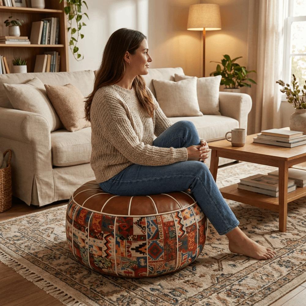 Embroider Craft Boho Seat Cushion Cover Leather Storage Bag Pumpkin Pouf Cover Home Use