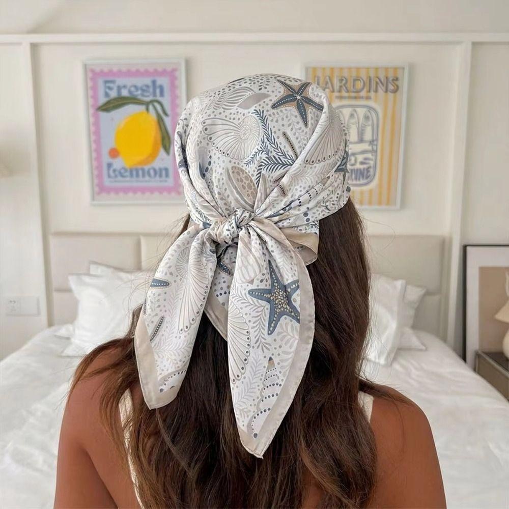 Conch Starfish Print Scarf Sea Star Shell Silk Scarf Retro Satin Hijab  Waist Scarf