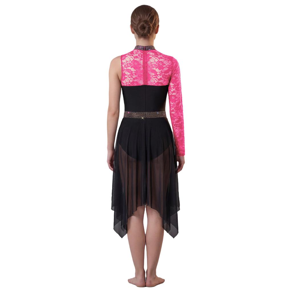 Womens Lyrical Dance Asymmetrical Bodysuit Dress Single Long Sleeve Floral Lace Irregular Hem Skirt