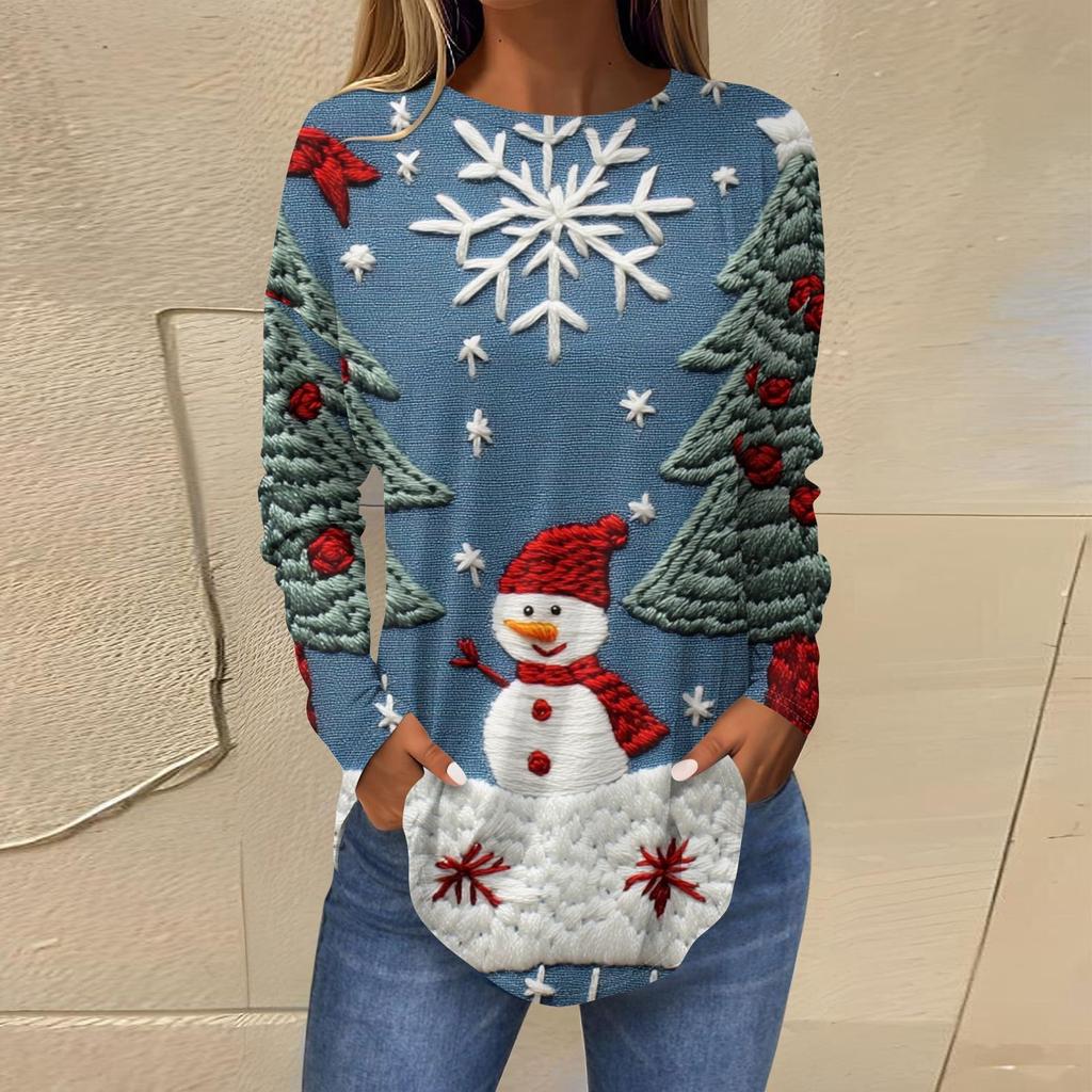 Женская свободная футболка с круглым вырезом и длинными рукавами с принтом в стиле ретро, пуловер на Рождество