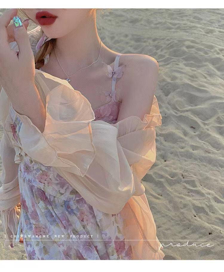 2025 Женское нежное цветочное летнее платье и кардиган для защиты от солнца, комплект из двух предметов