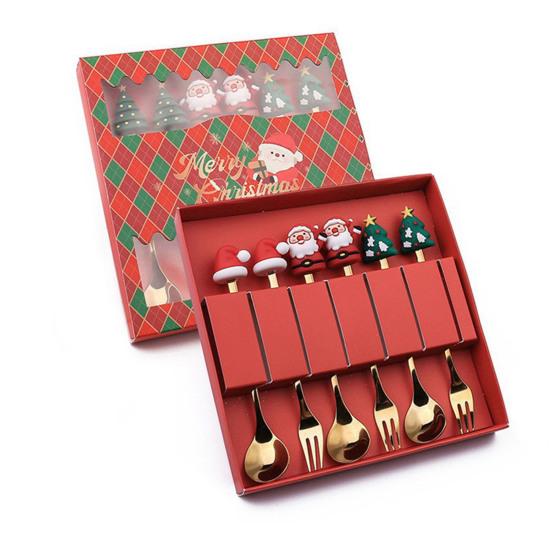6Pcs/Set Stainless Steel Spoon Fork Set Santa Claus Snowman Deer Christmas Tree Hat Decor Tableware Holiday Party Supply