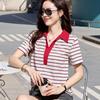 Women's 2025 Summer Striped Sailor T-Shirt with Turn-Down Collar and Short Sleeves