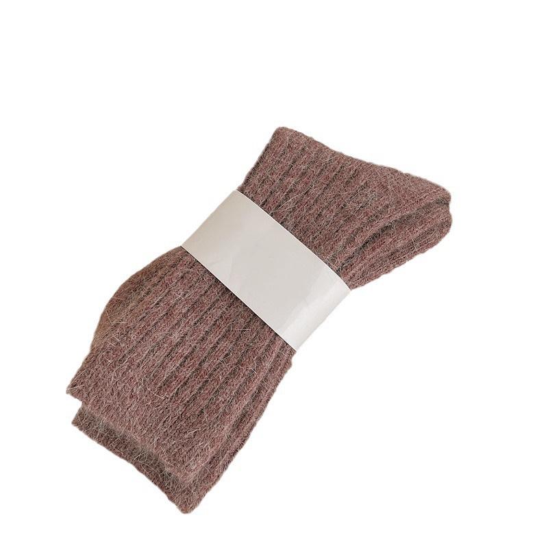 Women's Winter Fleece-Lined Mid-Calf Socks: Extra Thick, Soft, Ribbed, Japanese-Style, Solid Color, Perfect for Sleep or Home Use.