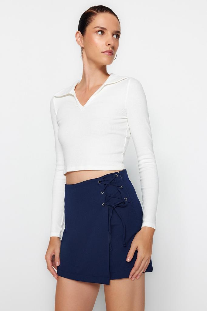 Women's Fashion Woven Short Skirt with Mink Binding and Eyelet Detail