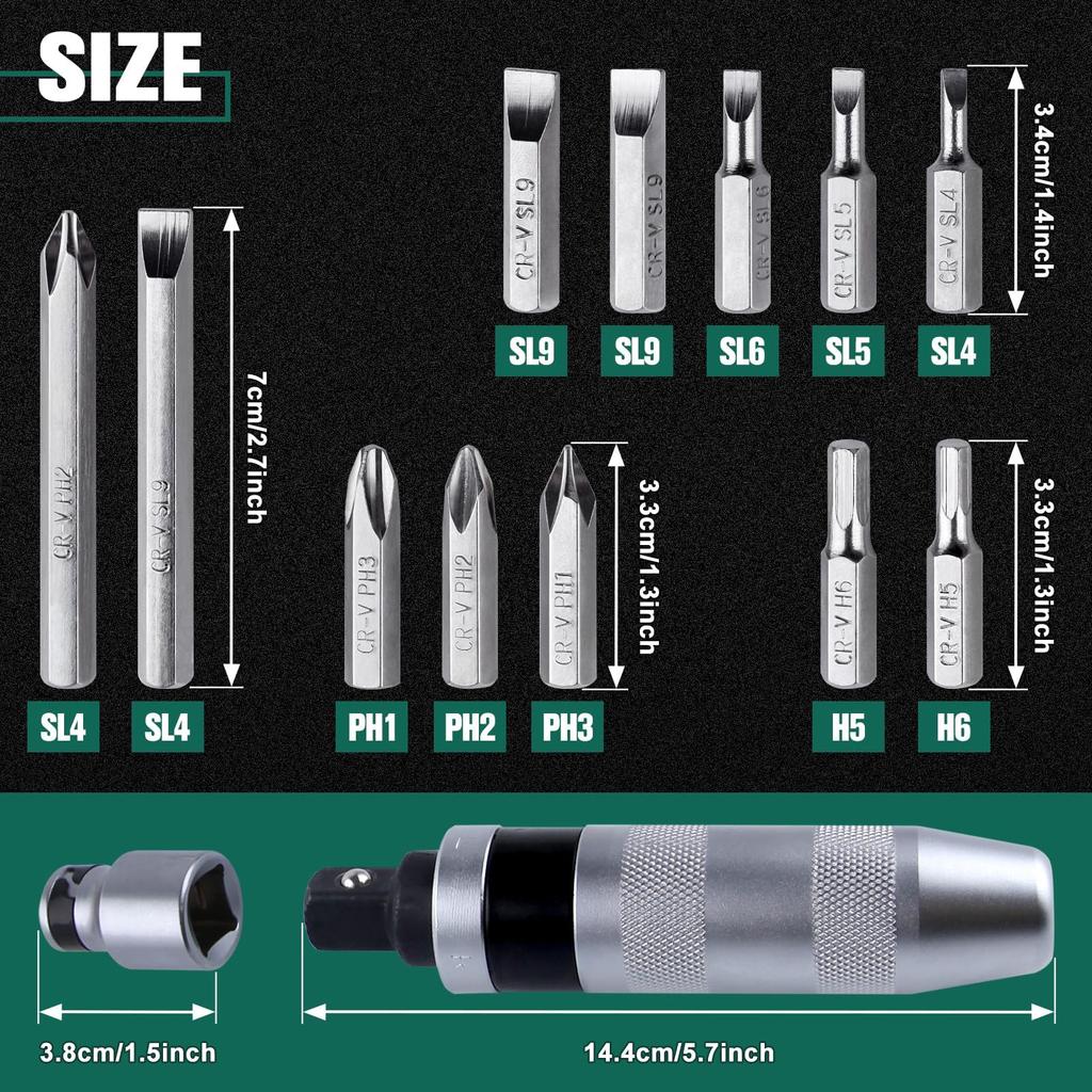 LEONTOOL Ударная отвертка Набор бит для ударной отвертки Набор из 13 предметов Ручной ударный драйвер Набор Ручная ударная отвертка Набор Запасной набор драйверов Сильная вращающая сила