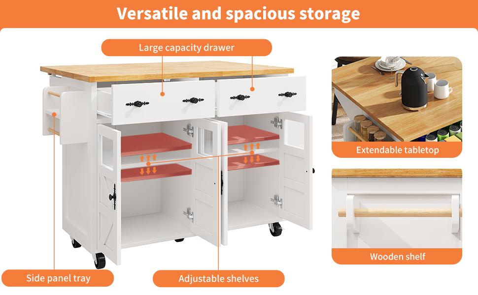 Kitchen Island, Multifunctional Serving Cart, Large Storage, Mobile Buffet Cabinet, Incl. Brakes and Adjustable Compartments, White