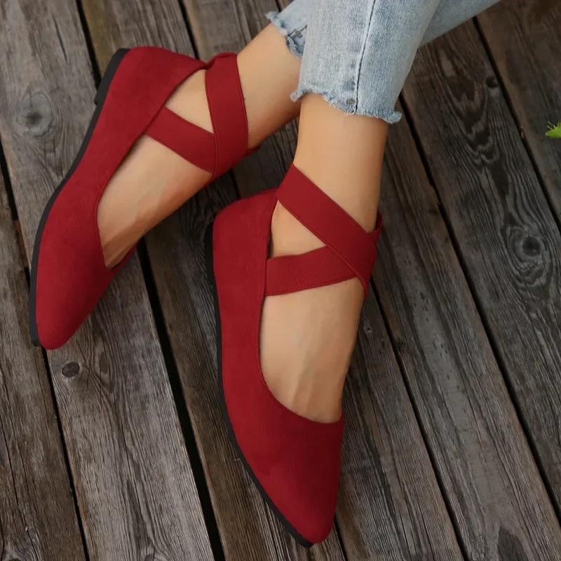 Женская обувь 2025 Мода Новые Женские балетки с ремешком на щиколотке Повседневные Женские с острым носком На плоской подошве Обувь больших размеров для женщин
