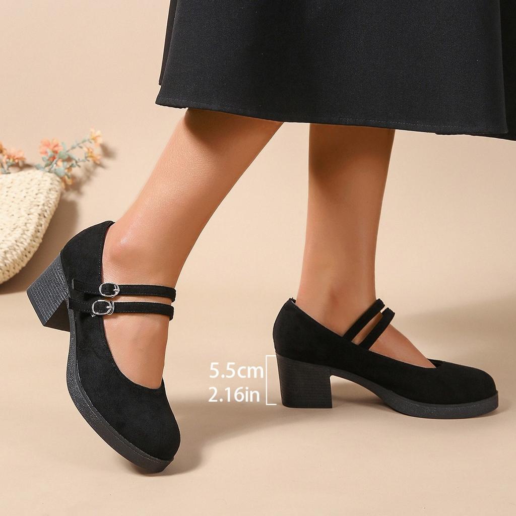 Spring and Autumn New Retro Black Small Leather Shoes Fashionable Suede One-word Buckle with Thick Heels Women's Shoes