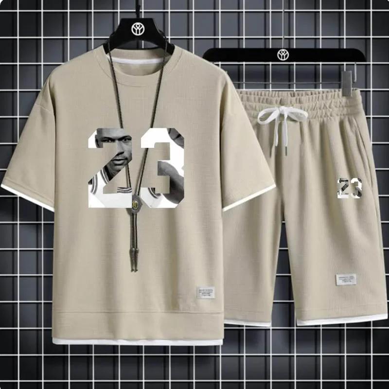 Мужской комплект из шорт с вафельным принтом, 2 шт. свободного кроя, спортивный костюм, стиль Харадзюку, летняя мода