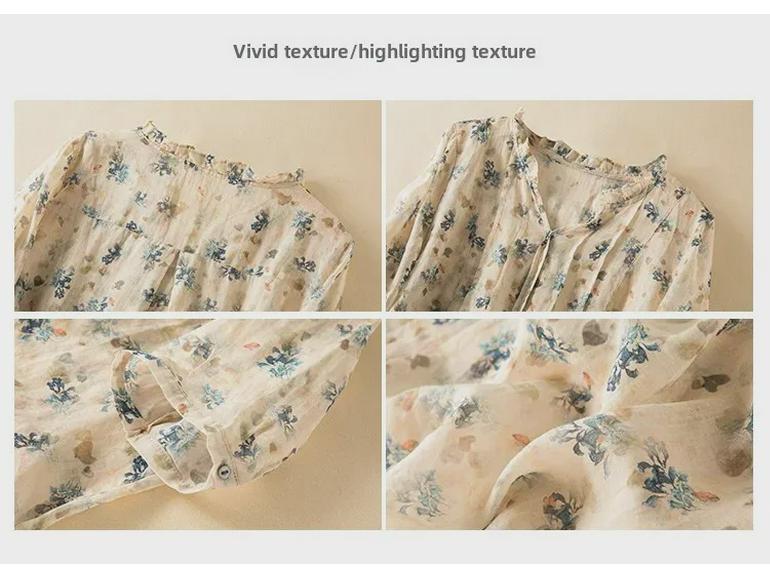 Летняя льняная рубашка с цветочным принтом и воротником-ушком