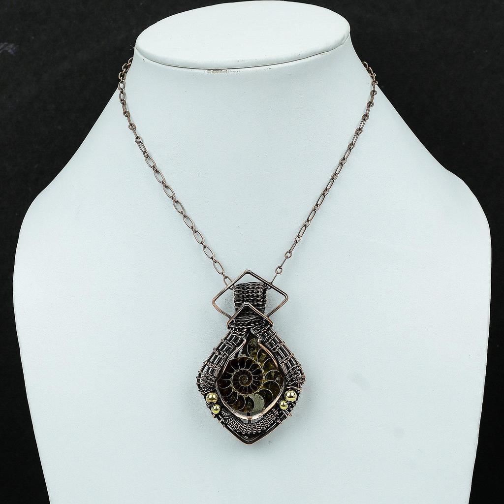 Ископаемый аммонитовый кулон, медная проволока, ювелирные изделия из драгоценных камней, медный кулон, этнические украшения, кулон ручной работы, кулон из проволочной обмотки, подарок для женщин