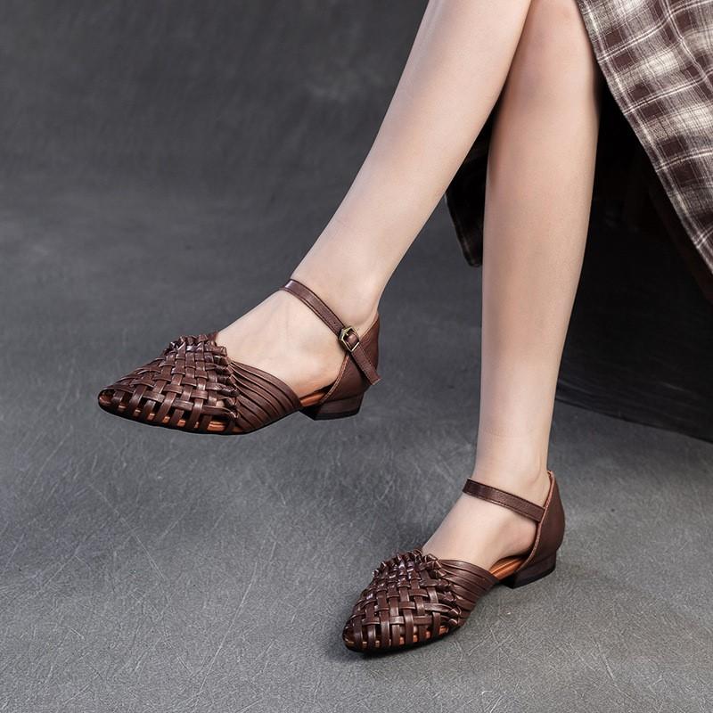 GKTINOO 2025 Лето Новые Ретро Плетеные Вручную Сандалии из Натуральной Кожи Дышащие С Пряжкой Повседневные Женские Туфли