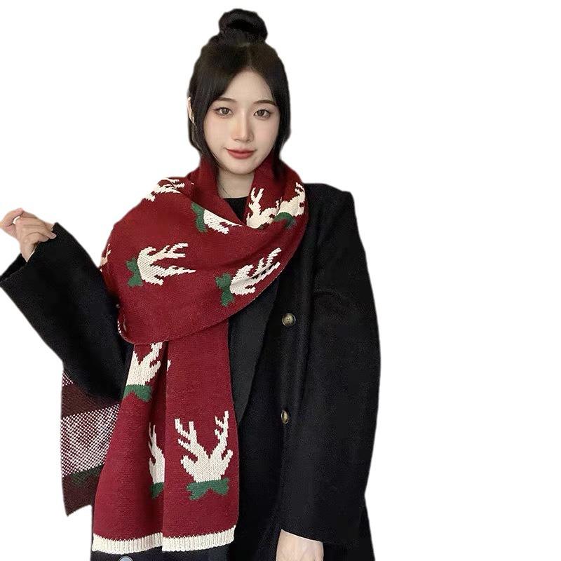 Versatile Red Snowflake Reindeer Scarf: Women's Winter Antler-Themed Warm Neck Warmer.