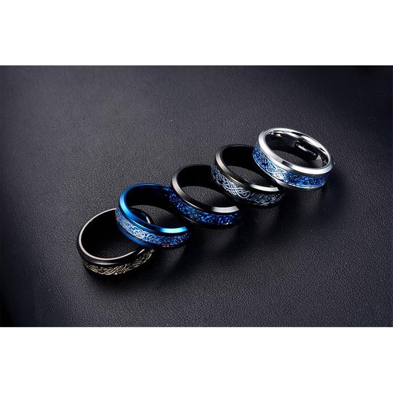 OAKKY mens stainless steel Black Blue Carbon Fiber Inlay Dragon Pattern Wedding Band ring size 19