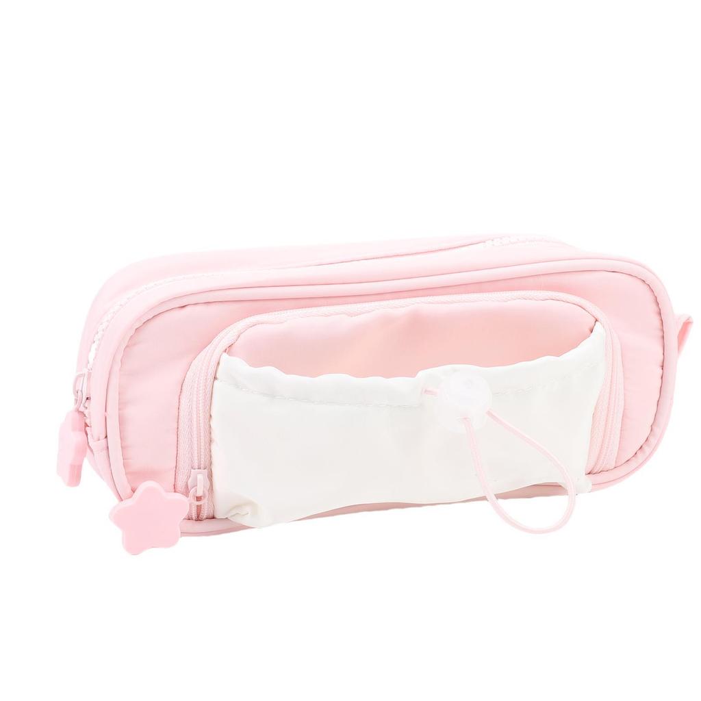 Drawstring Pen Pouch Large Opening Double Layer Pencil Holder Large Stationery Bag for Office School Supplies Pinkish