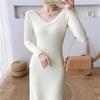 JulyPalette Solid Knitted Dress  Fall Winter V-neck Slim Long Sleeve Dress Elegant Ladies Black Midi-length Sweater Dresses