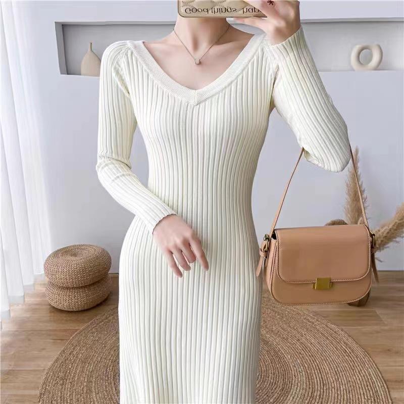 JulyPalette Solid Knitted Dress Fall Winter V-neck Slim Long Sleeve Dress Elegant Ladies Black Midi-length Sweater Dresses