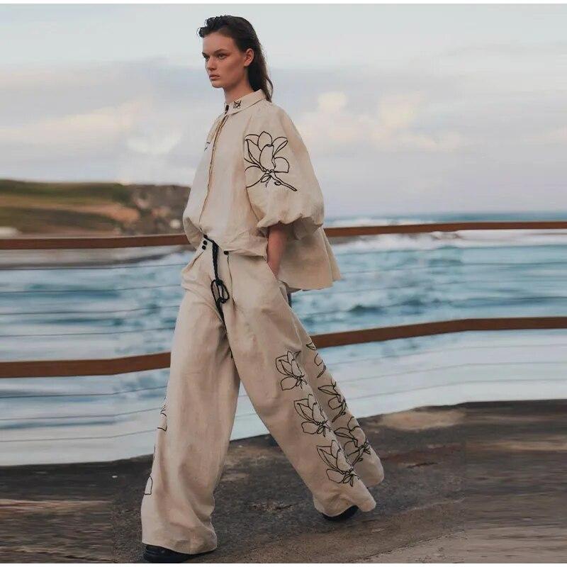 Женский весенне-летний модный комплект из хлопковых и конопляных брюк с принтом, винтажная рубашка с откидными рукавами и откидным воротником, плиссированные широкие брюки, комплект