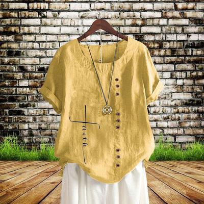 Женские летние бестселлеры, модная повседневная свободная футболка с графическим принтом, винтажная льняная рубашка с круглым вырезом размера плюс, рубашка с короткими рукавами, топ S-5XL