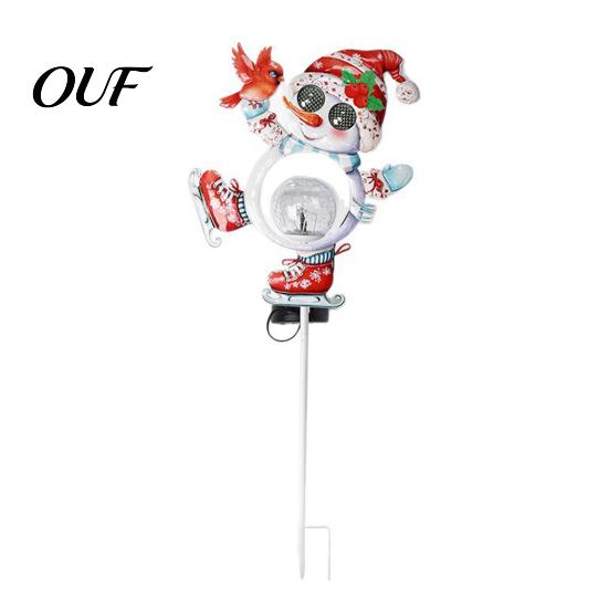 Decorative Patio Illuminations Solar Christmas Snowman Bird Garden Light, Waterproof Outdoor Stake Lamp with Crackle Glass Automatic Powered