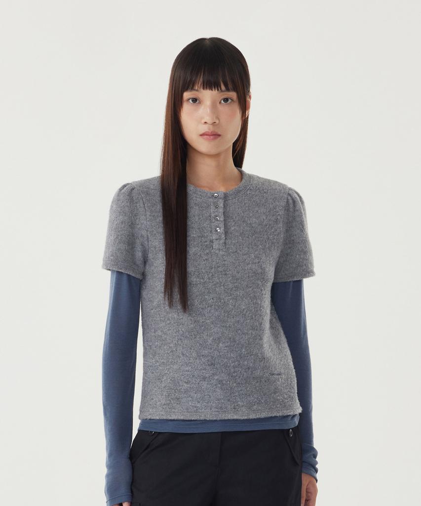 COVERNAT WOMAN Henley Neck Layered Long Sleeve Melange Gray